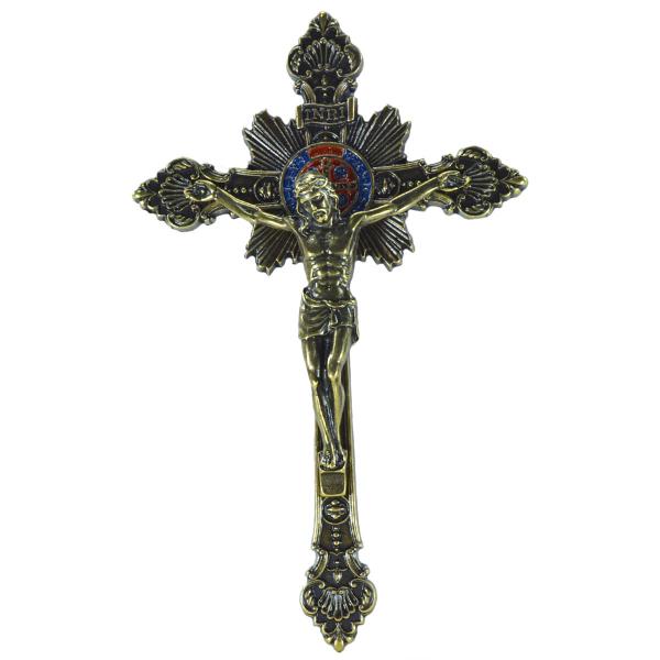 Crucifixo em Metal  Trabalhado de parede 23 cm-Ouro velho