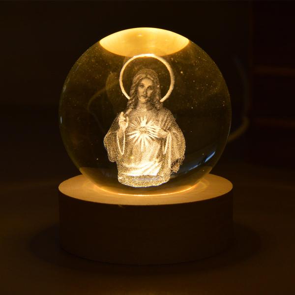 Luminária Cristal 3D de mesa Sagrado Coração de Jesus USB