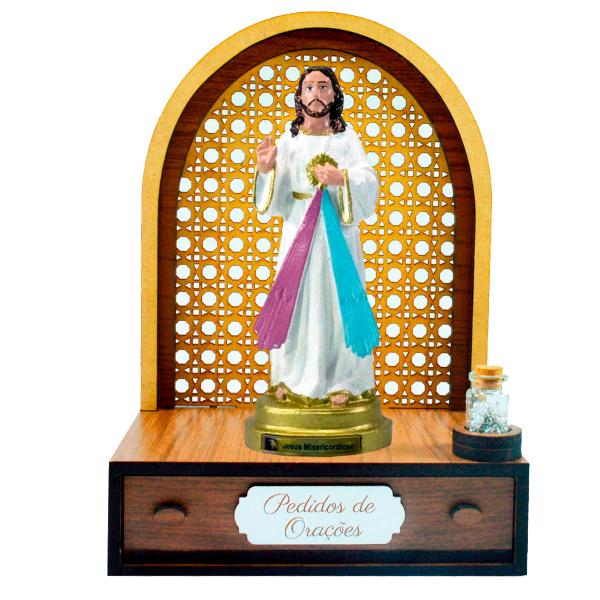 Altar com gaveta de pedidos de Oração Jesus Misericordioso (20cm)+ Terço Grátis na garrafinha.