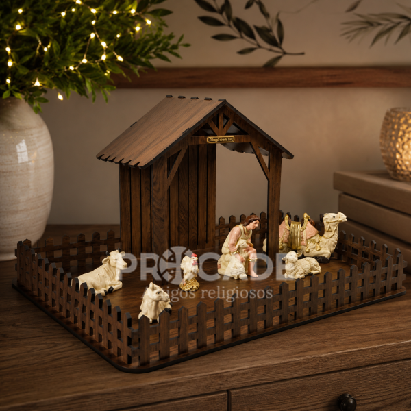 Kit Estábulo Natalino MDF Madeirado 65cm com 6 Animais e Pastor em Borracha