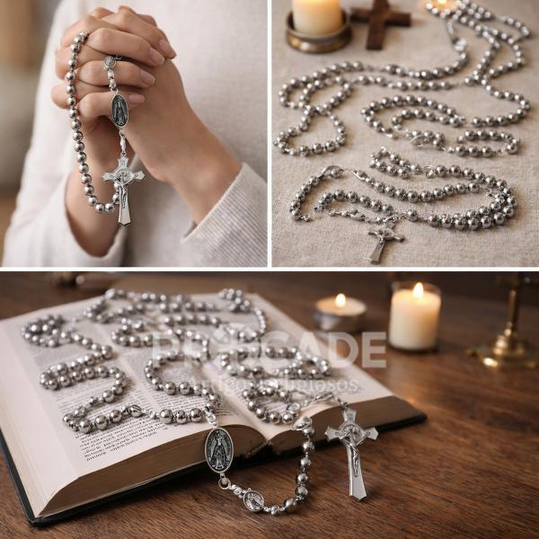 Terço contas TIPO metal cromado de Aparecida com fecho para pescoço. (12 UN)