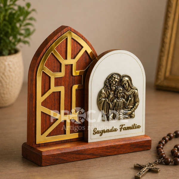 Mini Santuário Sagrada Família em Madeira de Demolição com Aplique em Metal – 14x12cm