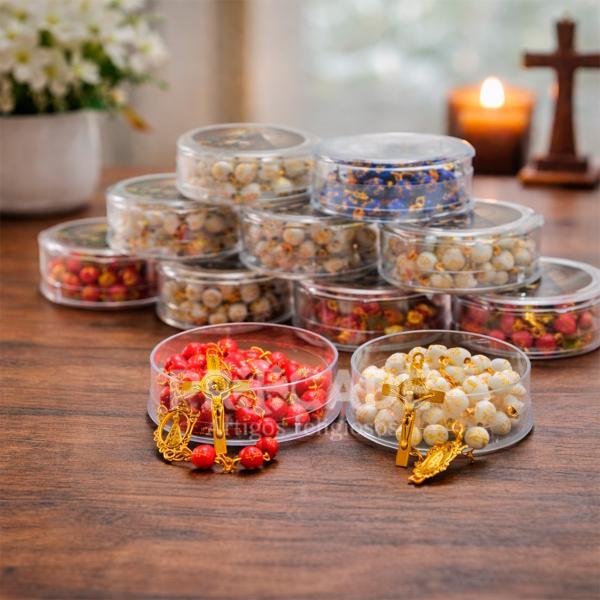 Terços Coloridos de Aparecida Medalha de aparecida Dourada em Estojo Redondo-12 unidades