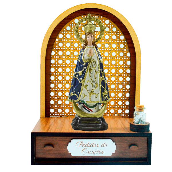 Altar com gaveta de pedidos de Oração Nossa Senhora de Caacupé 21 CM “A Virgem Azul do Paraguai” + Terço Grátis na garrafinha