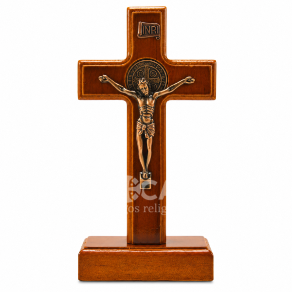 Cruz de São Bento com Cristo – 16 cm – Madeira e Metal