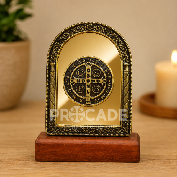 Kit com 5 Adornos de Mesa Medalha de São Bento em Metal com Fundo Espelhado – 9x13 cm