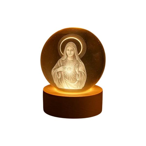 Luminária Cristal 3D de mesa Sagrado Coração de Maria USB