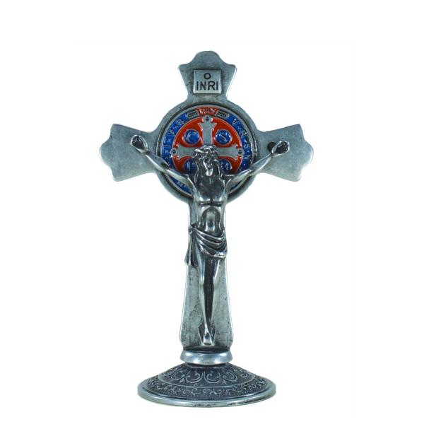 Crucifixo Metal de mesa com Medalha de São Bento 12 cm - Prata Velha