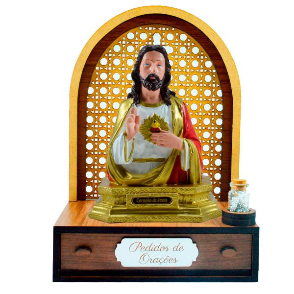 Altar com gaveta de pedidos de Oração Sagrado Coração de Jesus de Mesa 19 Cm (AG)+Terço Grátis.