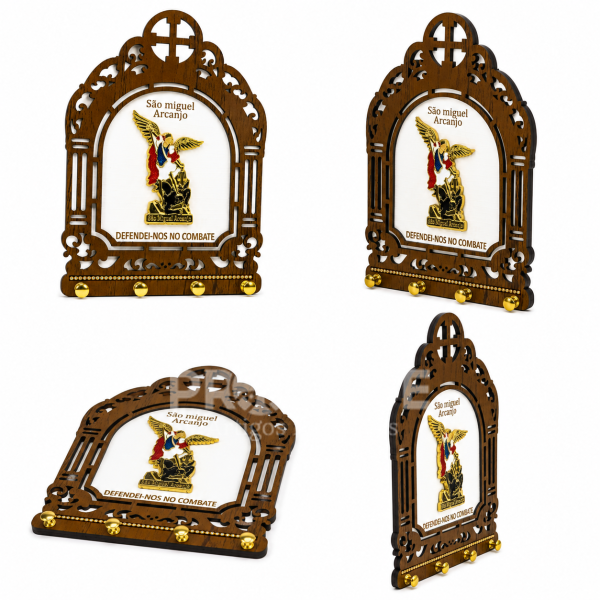 Kit com 4 Porta-Chaves São Miguel Arcanjo em MDF Decorativo – 22x16 cm
