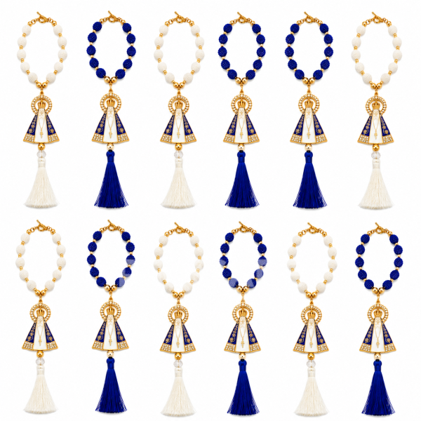 Dezena luxo para carro Azul e Branca de Nossa Senhora Aparecida Com Strass (12 un)