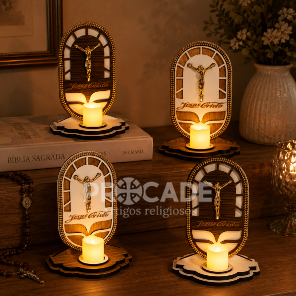 Oratório Luz de Cristo – MDF Premium com Crucifixo ABS e Vela LED (04 Unidades)