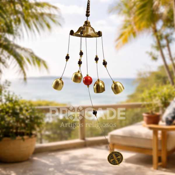 Sino dos Ventos São Bento 5 Sinos em Metal 55cm – Peça Decorativa Premium para Ambientes Externos
