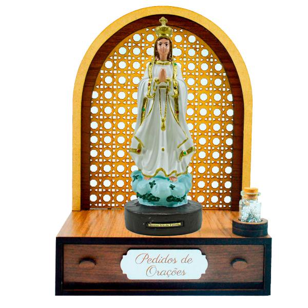 Altar com gaveta de pedidos de Oração Nossa Senhora de Fátima 23 cm + Terço Grátis na garrafinha