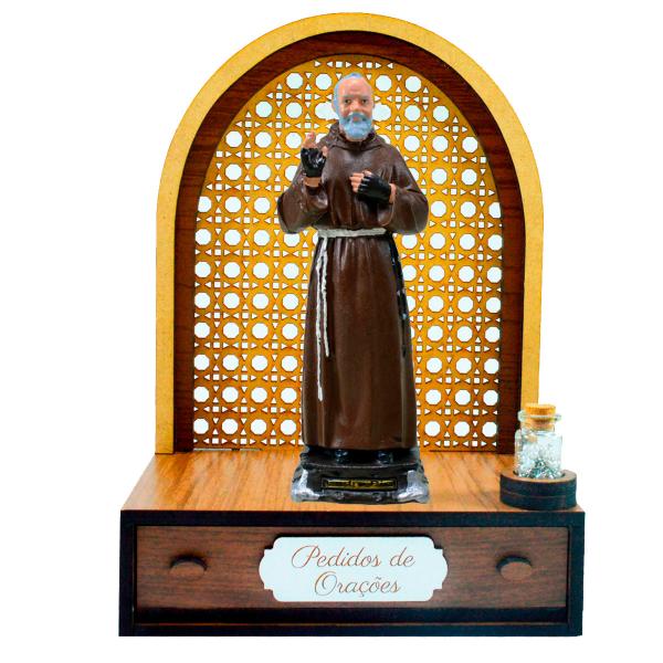 Altar com gaveta de pedidos de Oração São Padre Pio 21 cm + Terço Grátis na garrafinha