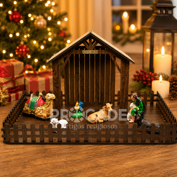 Estábulo MDF Madeirado 65cm com Animais e Pastor-07 Peças