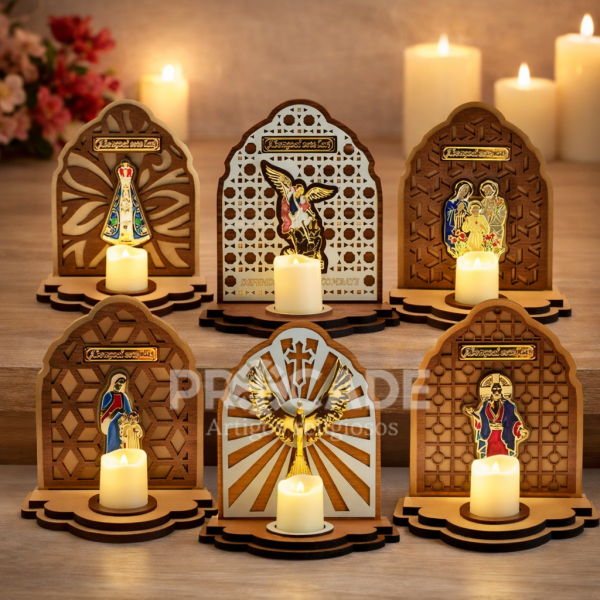 Kit com 6 Oratórios Religiosos em MDF com vela de LED – 6 Modelos Diferentes