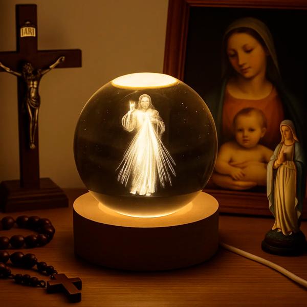 Luminária Cristal 3D de mesa do Jesus Misericordioso 80 mm USB