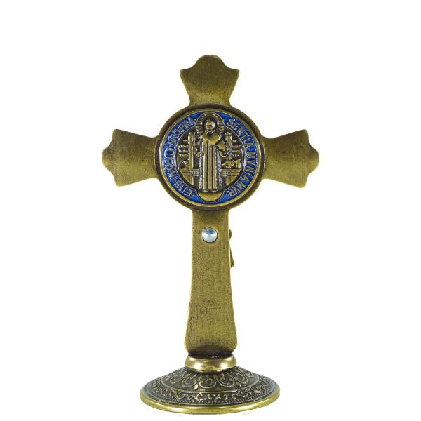Crucifixo Metal de mesa com Medalha de São Bento 12 cm - Ouro Velho