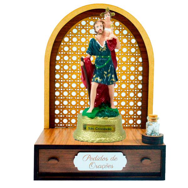 Altar com gaveta de pedidos de Oração São Cristovão (22 cm) + Terço Grátis na garrafinha.