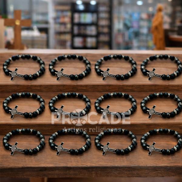 Pulseiras de São Bento com Contas de Hematita 08 mm e Cruz (12 unidades.)