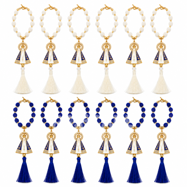 Dezena luxo para carro Azul e Branca de Nossa Senhora Aparecida Com Strass (12 un)