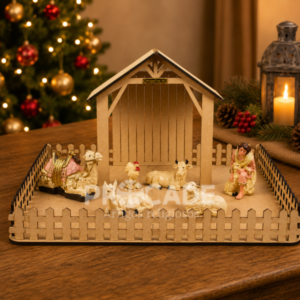 Estábulo para Presépio em MDF com Animais e Pastor–50x65x35cm–Kit Decorativo Completo