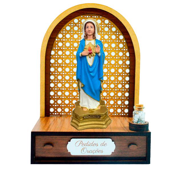 Altar com gaveta de pedidos de Oração Sagrado Coração de maria 20 cm +Terço Grátis na garrafinha.