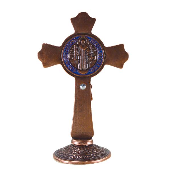 Crucifixo Metal de Mesa com Medalha de São Bento 12 cm - Cobre Velho