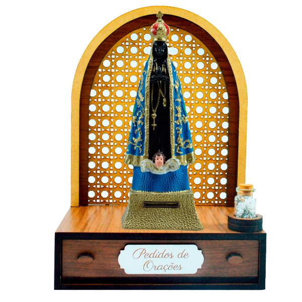 Altar com gaveta de pedidos de Oração Nossa Senhora Aparecida 21 cm + Terço Grátis na garrafinha
