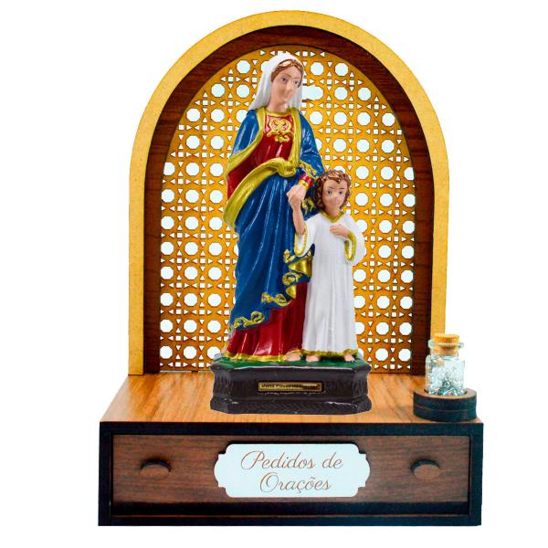 Altar com gaveta de pedidos de Oração Maria Passa na Frente 22 cm + Terço Grátis na garrafinha.