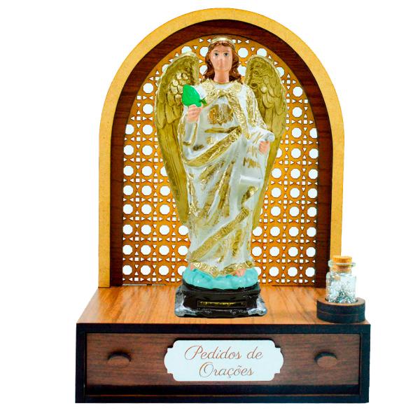 Altar com gaveta de pedidos de Oração São Gabriel 21 cm + Terço Grátis na garrafinha