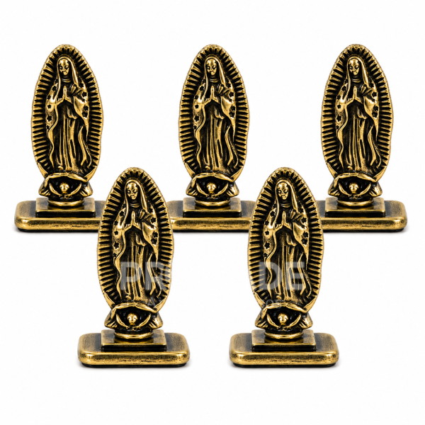 Kit com 5 Mini Imagens de Mesa Nossa Senhora de Guadalupe 5cm em Metal Ouro Velho