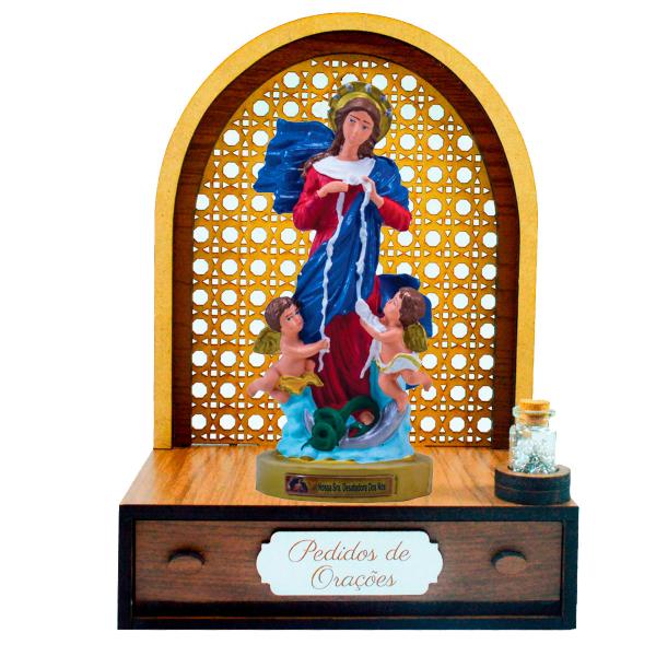 Altar com gaveta de pedidos de Oração Nossa Senhora Desatadora de Nós 20 cm + Terço Grátis