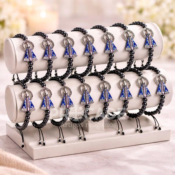 Pulseira Nossa Senhora Aparecida de Hematita 6 mm – Kit com 12 Unidades