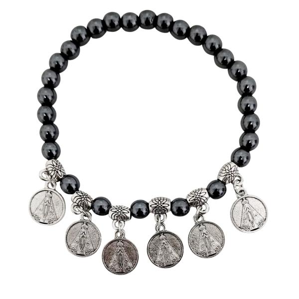 Pulseira Hematita Natural Medalhas com Nossa Senhora Aparecida (12unidasdes)