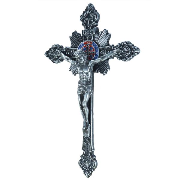 Crucifixo em Metal Trabalhado de parede 23 cm - Prata Velha