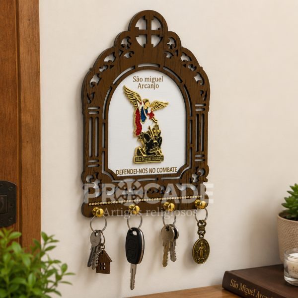 Kit com 4 Porta-Chaves São Miguel Arcanjo em MDF Decorativo – 22x16 cm