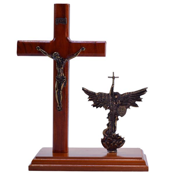 Crucifixo e São Miguel com base em madeira de Demolição (21cm)