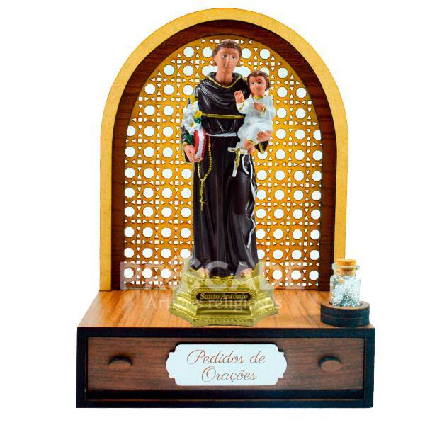 Altar com gaveta de pedidos de Oração Santo Antônio 21cm (AG) + Terço Grátis na garrafinha.
