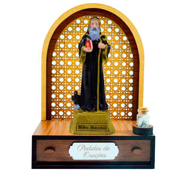 Altar com gaveta de pedidos de Oração São Bento 21 cm + Terço Grátis na garrafinha