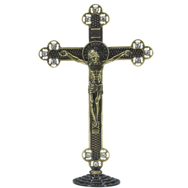 Crucifixo em Metal de Mesa com Strass 25 cm - Ouro Velho