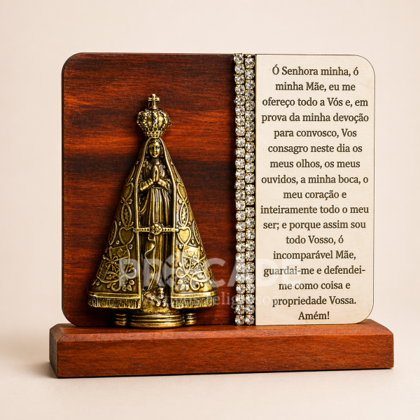 Placa Decorativa Nossa Senhora Aparecida com Oração – Madeira e Metal 10x10cm