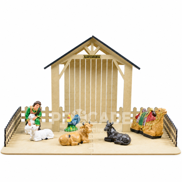 Estábulo para Presépio em MDF com Animais e Pastor – Decoração Natalina 7 Peças
