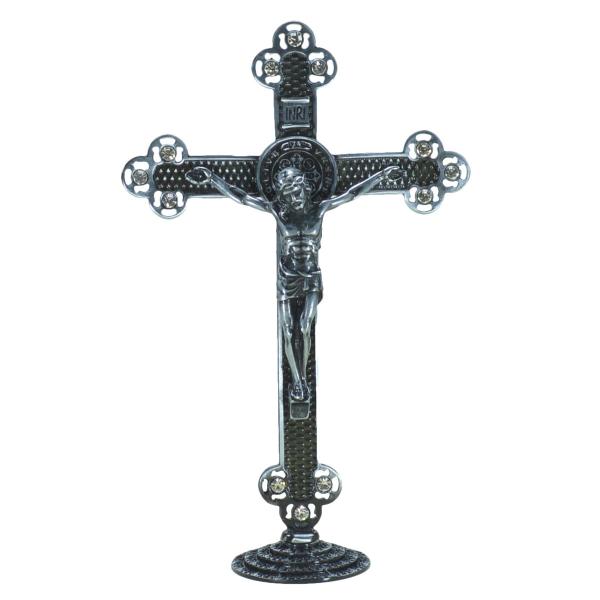 Crucifixo em Metal de mesa com 25 cm- Prata Velha.