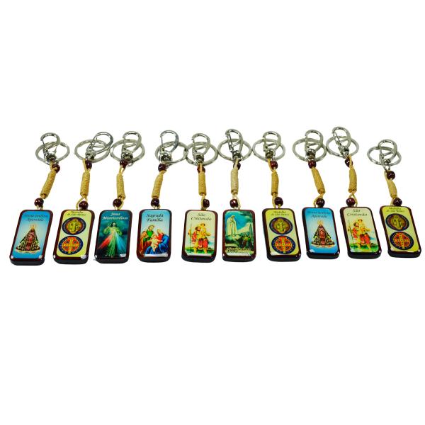 Chaveiro de Madeira Resinado Com mosquetão com Santos Variados (10 unidades)