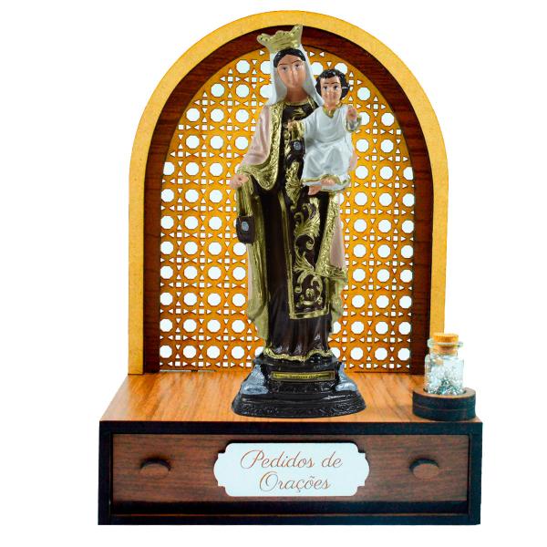 Altar com gaveta de pedidos de Oração Nossa Senhora do Carmo 22 cm + Terço Grátis na garrafinha
