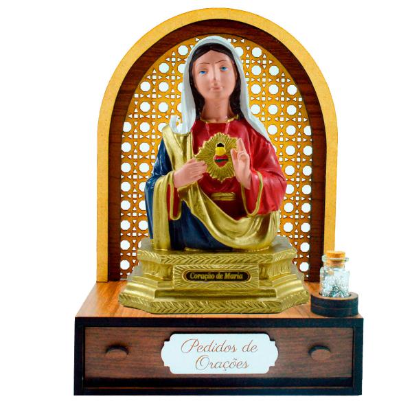 Altar com gaveta de pedidos de Oração Sagrado Coração de Maria de Mesa 19 Cm (AG)+Terço Grátis.