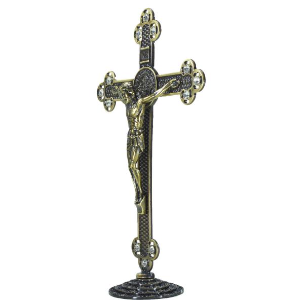 Crucifixo em Metal de Mesa com Strass 25 cm - Ouro Velho