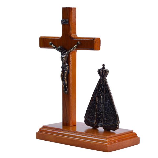 Crucifixo e Nossa Senhora Aparecida com base em madeira de Demolição (21cm)